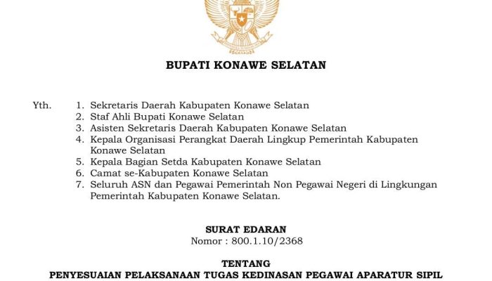 Pemkab Konawe Selatan Berlakukan Sistem Kerja WFO dan WFH